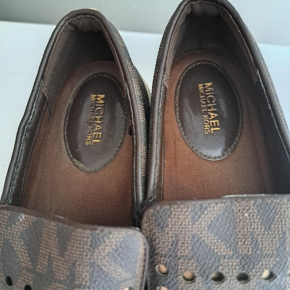 MK Michael KORS Keaton loafer shoes flats slip on laser cut out brown gold 6.5 - Picture 9 of 10